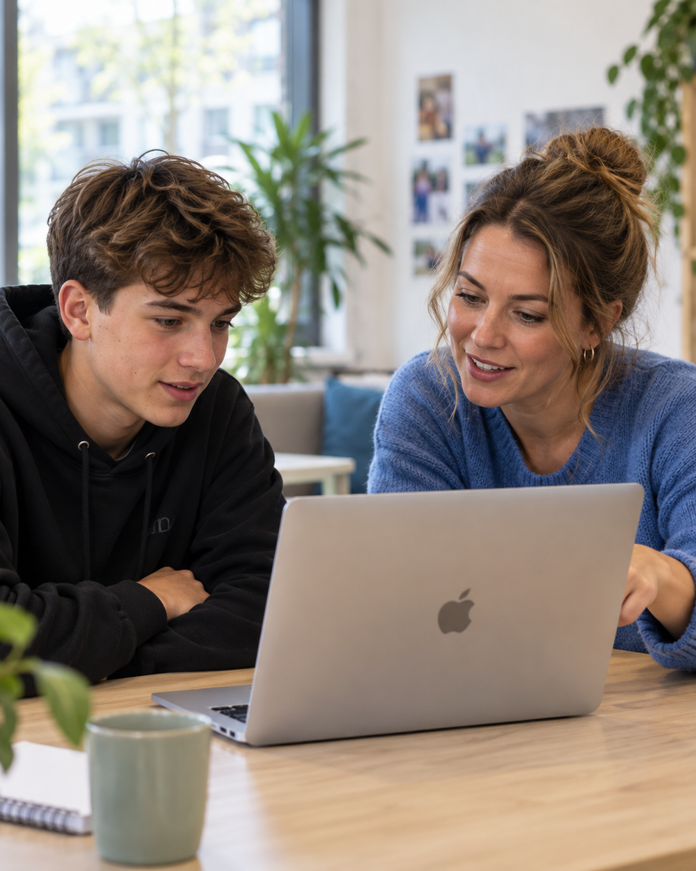 Jongen en vrouw achter laptop