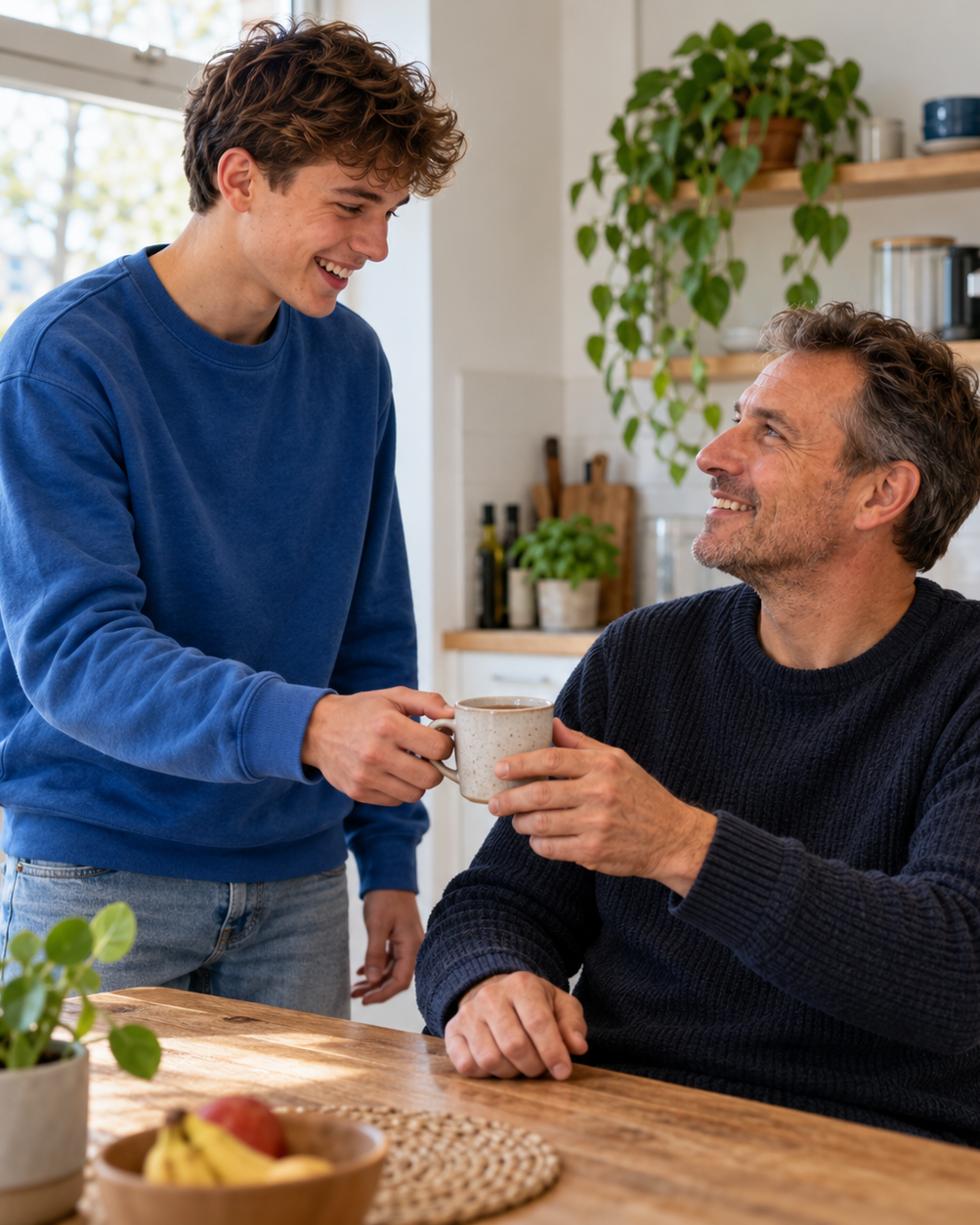Jongen geeft man kop koffie