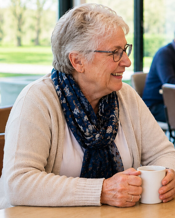 Een vrouw met een bakje koffie in haar handen.