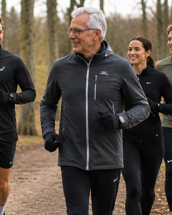 Een groep mensen aan het joggen door het bos. 