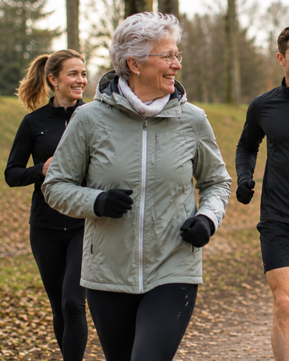 Vrouw is actief aan het wandelen in het bos.