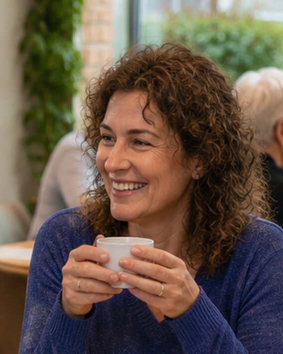 Vrouw drinkt koffie in een ontmoetingscentrum.