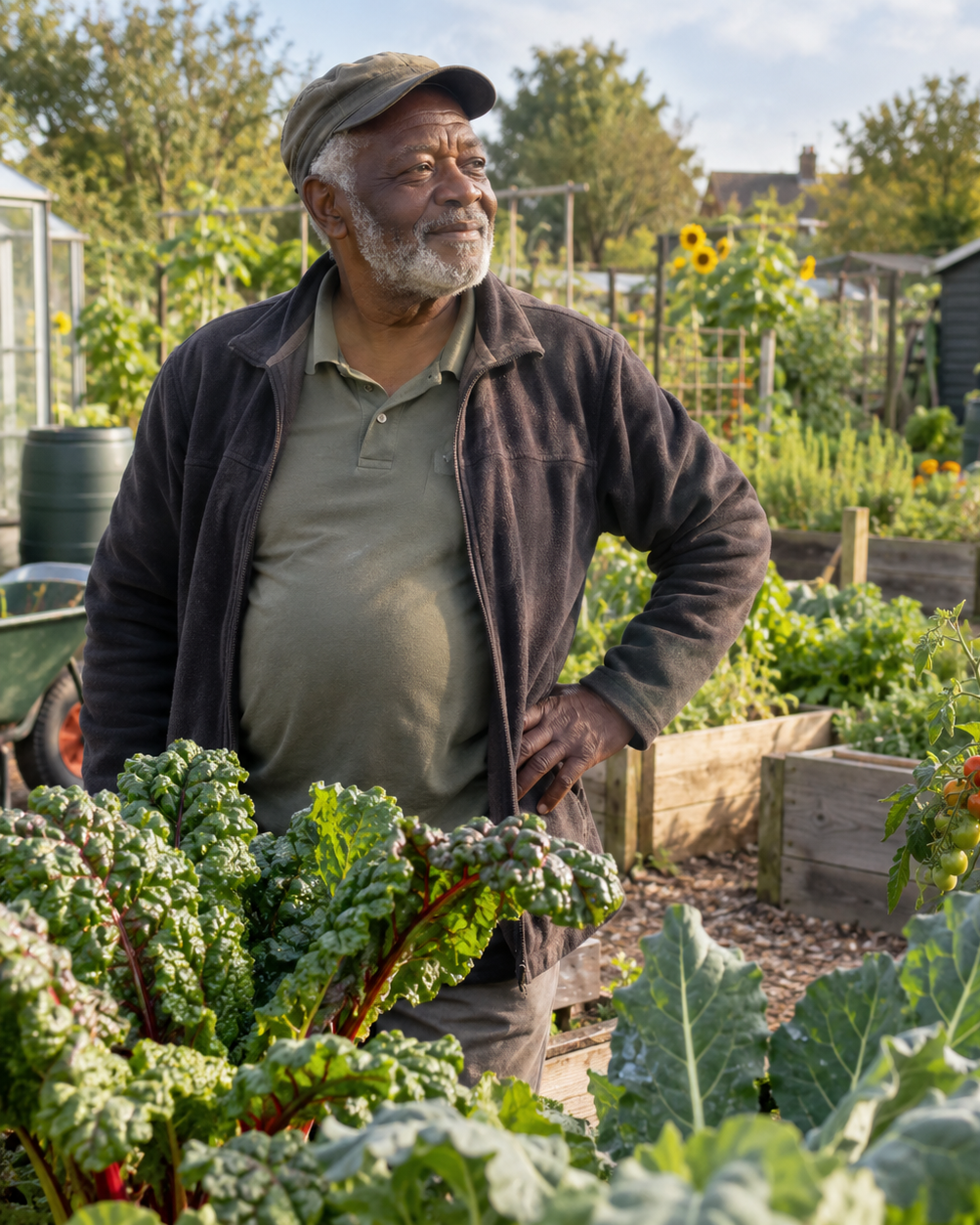 Man in moestuin.