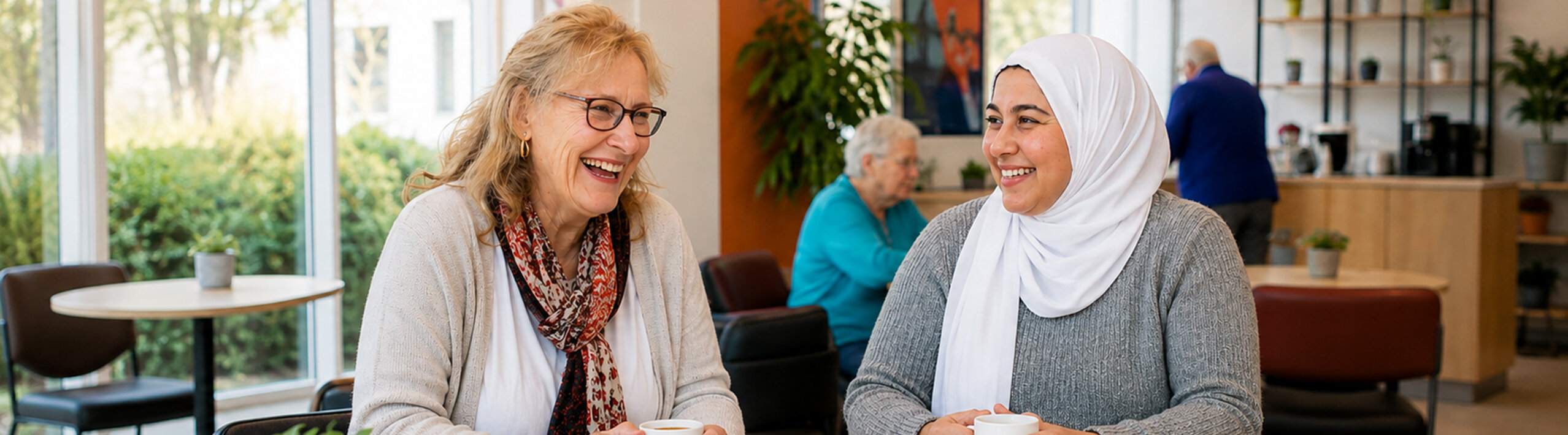 Twee vrouwen drinken gezellig koffie