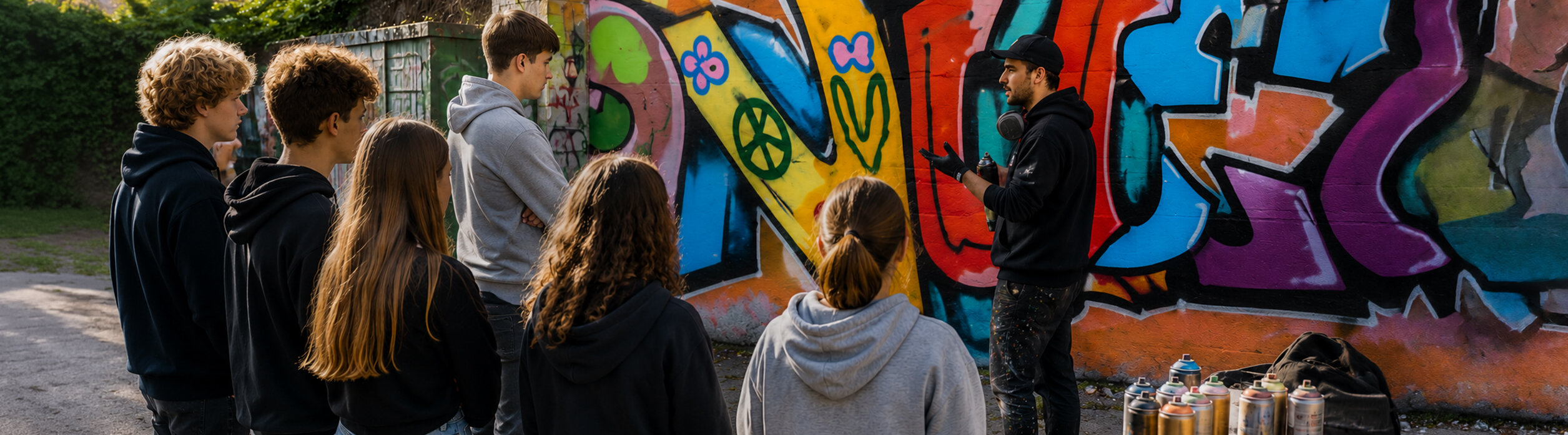 Jongeren krijgen instructie bij workshop graffiti.