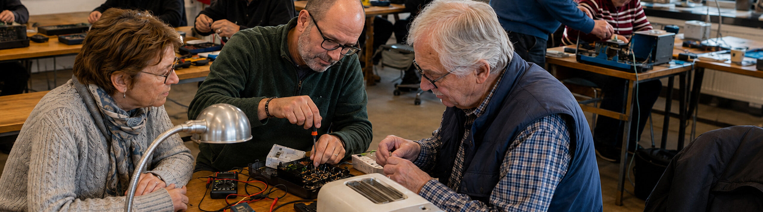 Mensen zijn een apparaat aan het repareren in het Repaircafe.