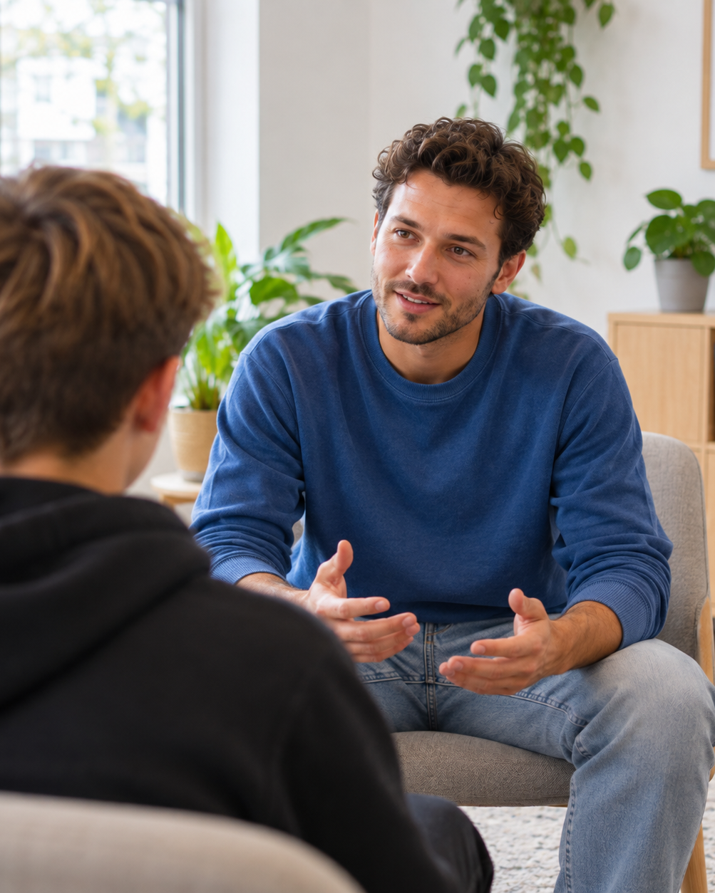 Een jongere in gesprek met een jongerenwerker van Hulst voor Elkaar.