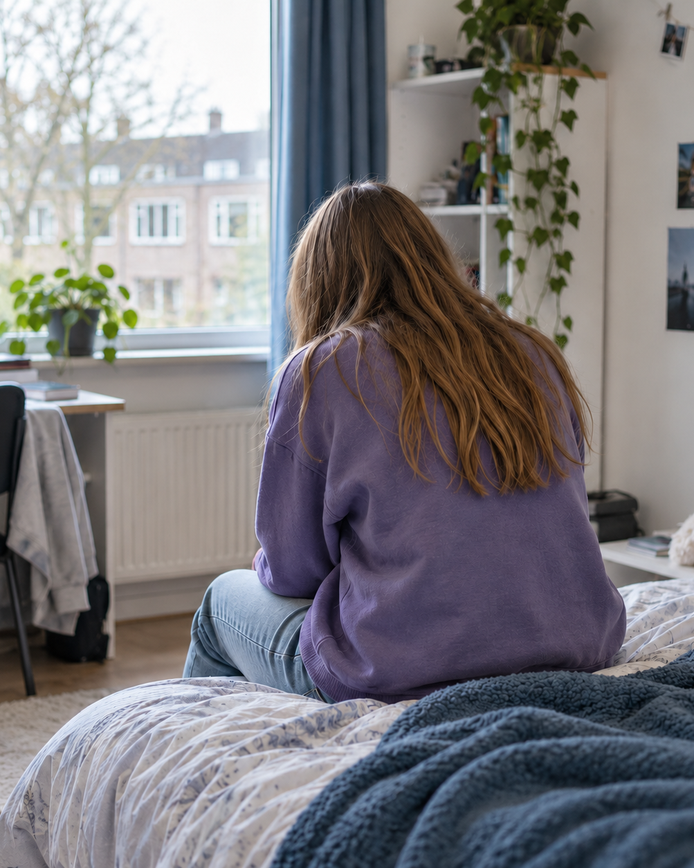 Een eenzame vrouw denkt na in haar slaapkamer. 