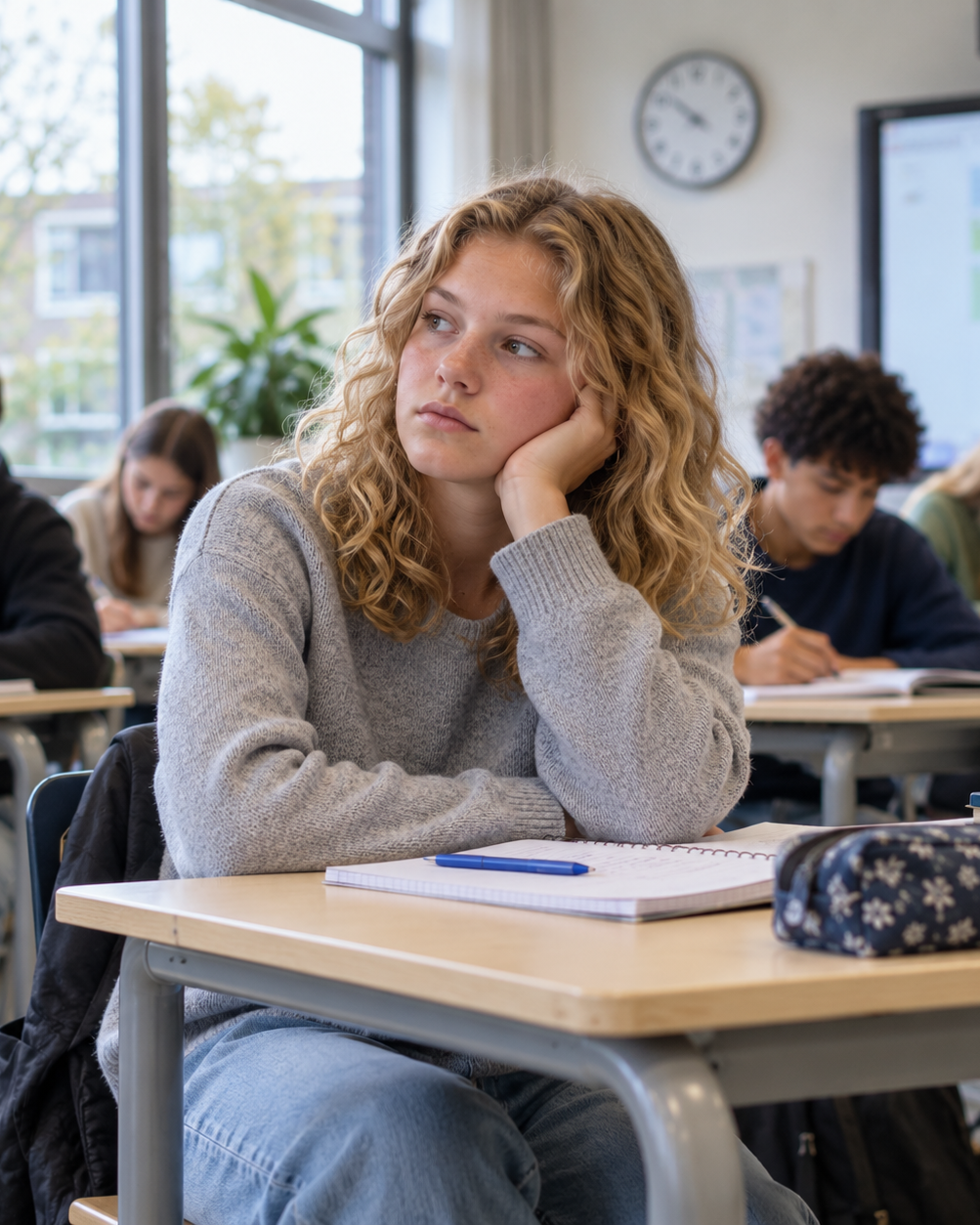 Een denkende vrouw in de schoolbanken.