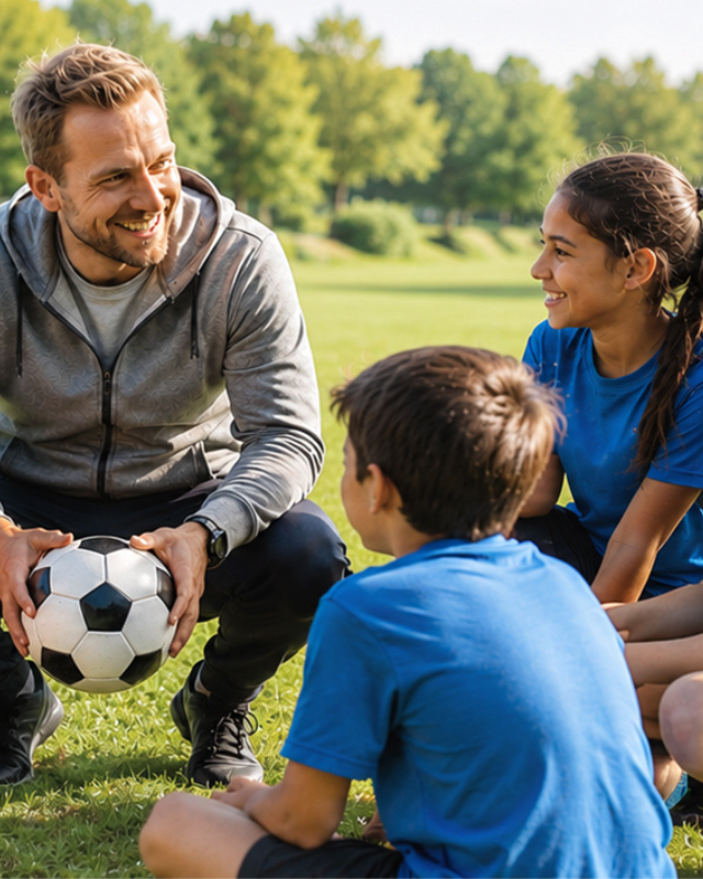 Kinderen en een voetbaltrainer.