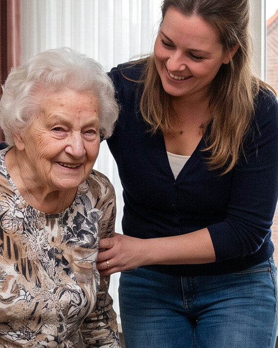 Medewerkster van Hulst voor Elkaar helpt een senior overeind.