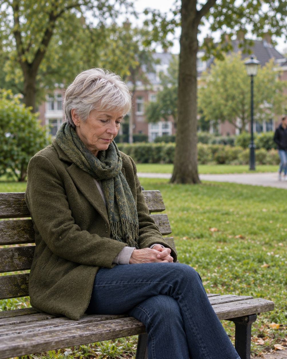Oudere vrouw zit alleen op een bankje in het park.